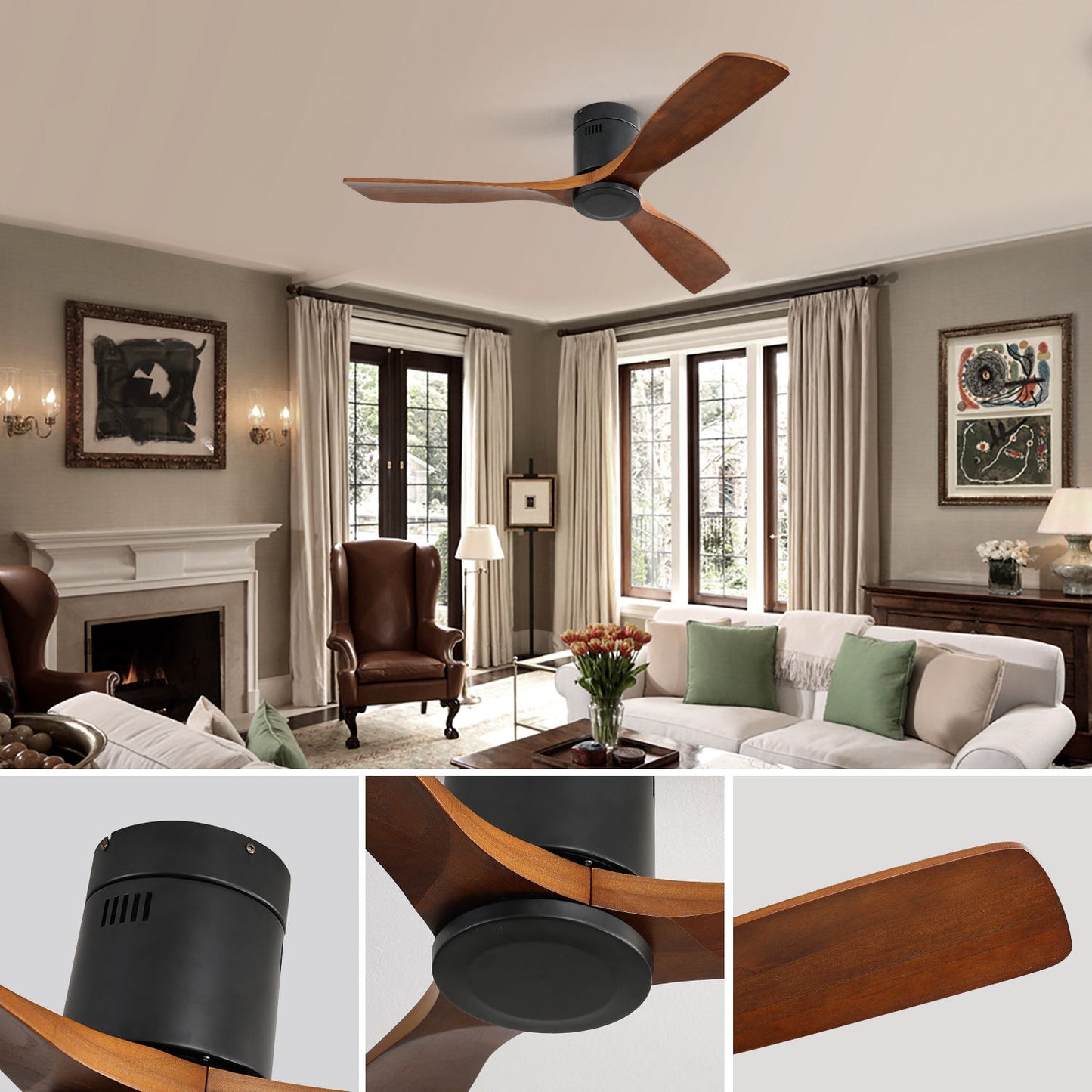 Indoor Wooden Ceiling Fan With 3 Solid Wood Blades Remote Control Reversible Dc Motor Without Light - Dark Brown / Black