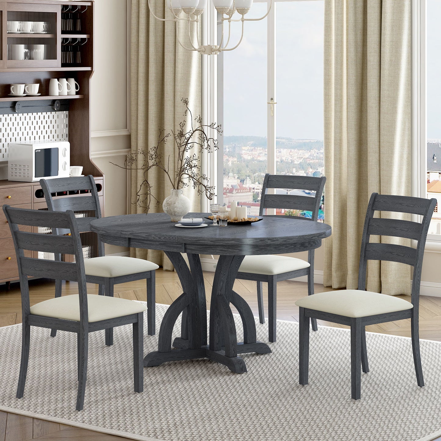 Topmax - 5 Piece Farmhouse Round Pedestal Extending Dining Table Set Extendable Kitchen Table Set With Removable Leaf And Ladder Back Dining Chairs For Small Places