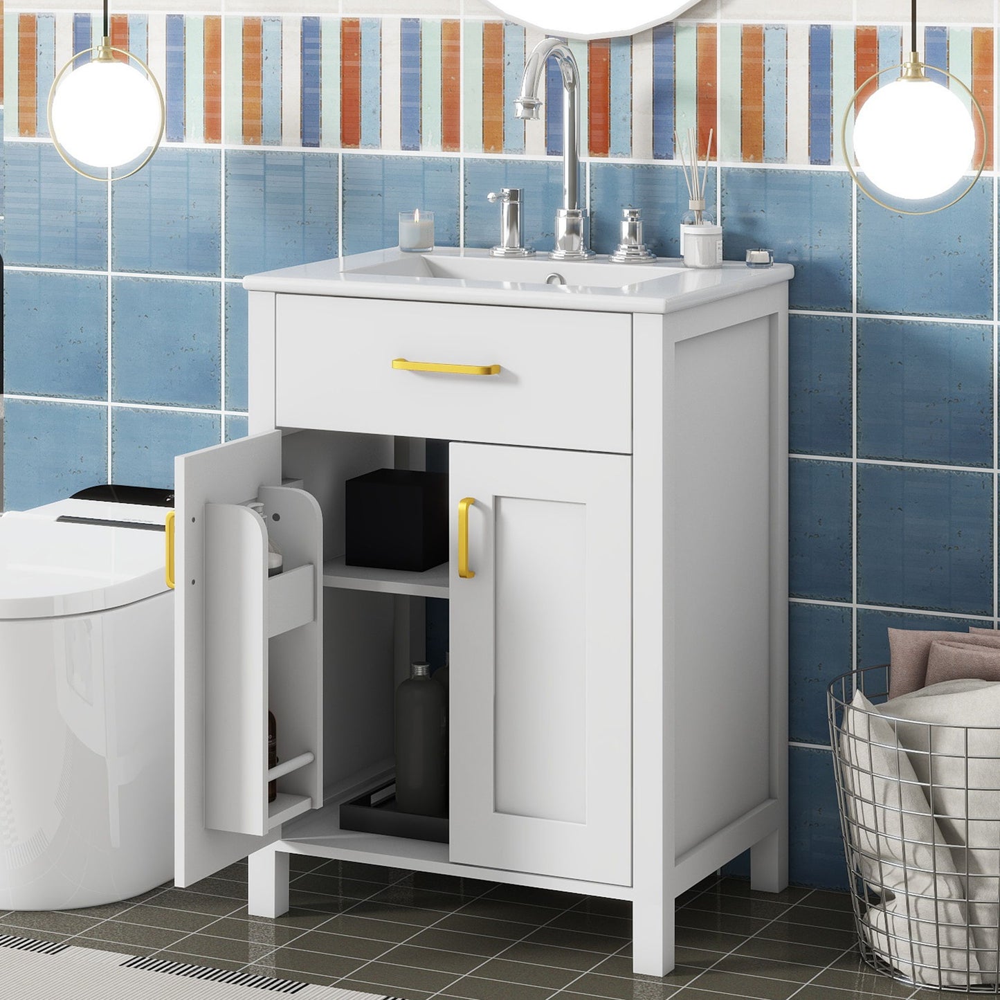 Bathroom Vanity Combo With Ceramic Sink, Luxurious Space-Saving Vanity, 2 Soft Close Doors