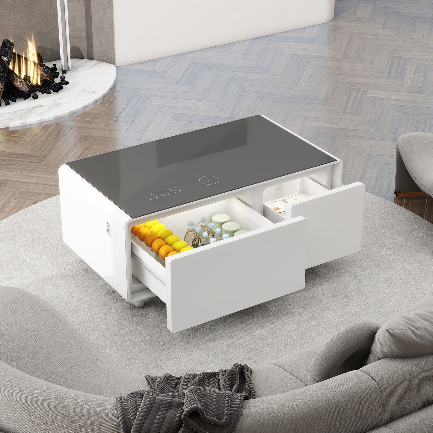 Modern Smart Coffee Table With Built-In Fridge - Bluetooth Speaker, Wireless Charging, Touch Control Panel, USB Interface, Outlet Protection, Atmosphere Light