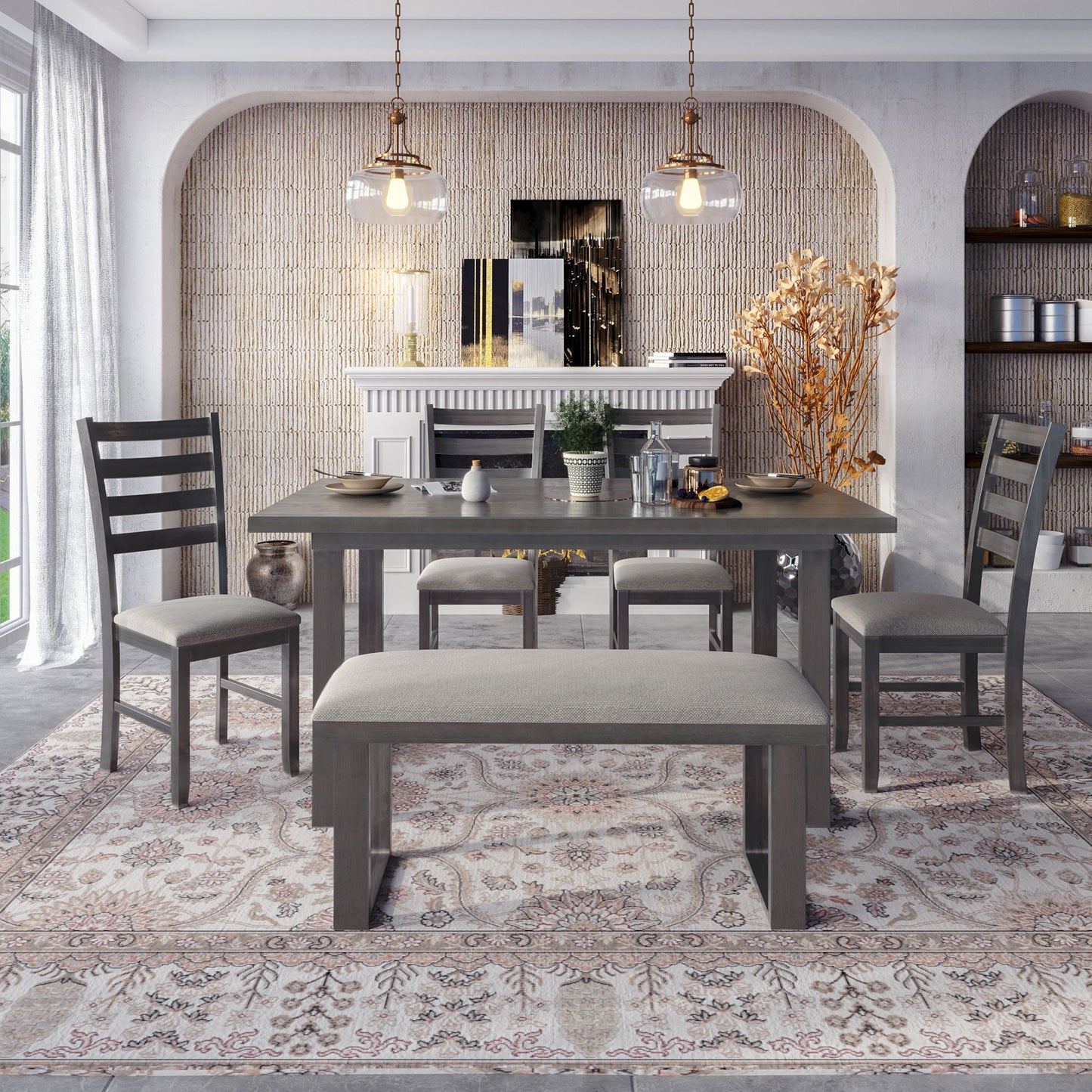 6 Pieces Family Furniture, Solid Wood Dining Room Set With Rectangular Table & 4 Chairs With Bench - Gray