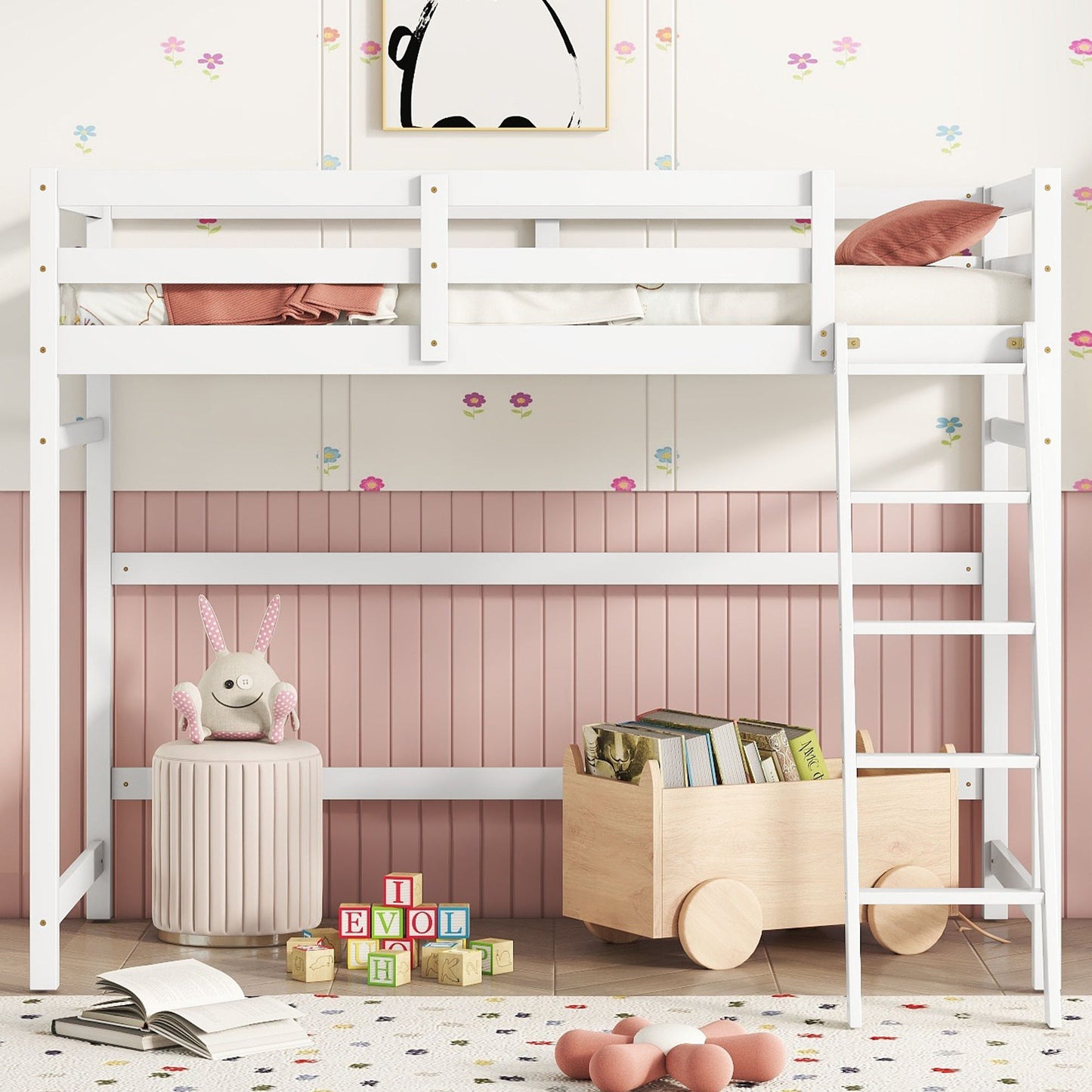 High Loft Bed With Inclined Ladder, Guardrails