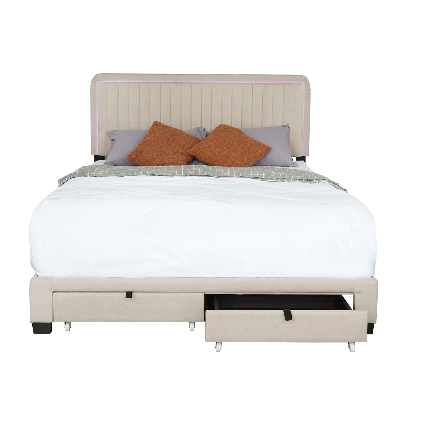 Upholstered Bed With Adjustable Height / Mattress / LED Design With Footboard Drawers Storage / No Box Spring Required