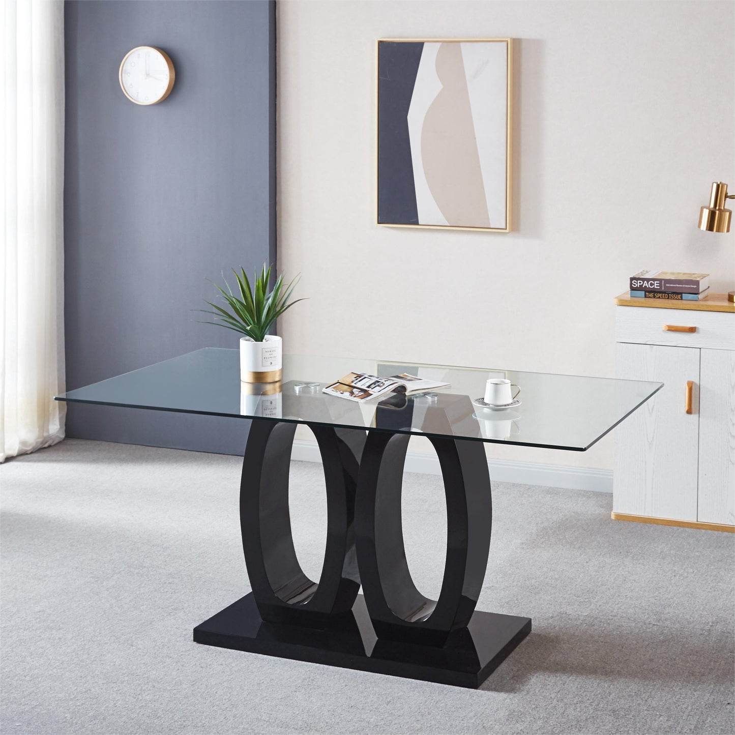 Contemporary Double Pedestal Dining Table, Tempered Glass Top With MDF Base