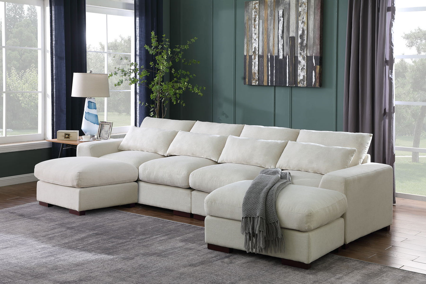 Tatman - Linen Blend Sectional With 2 Ottomans