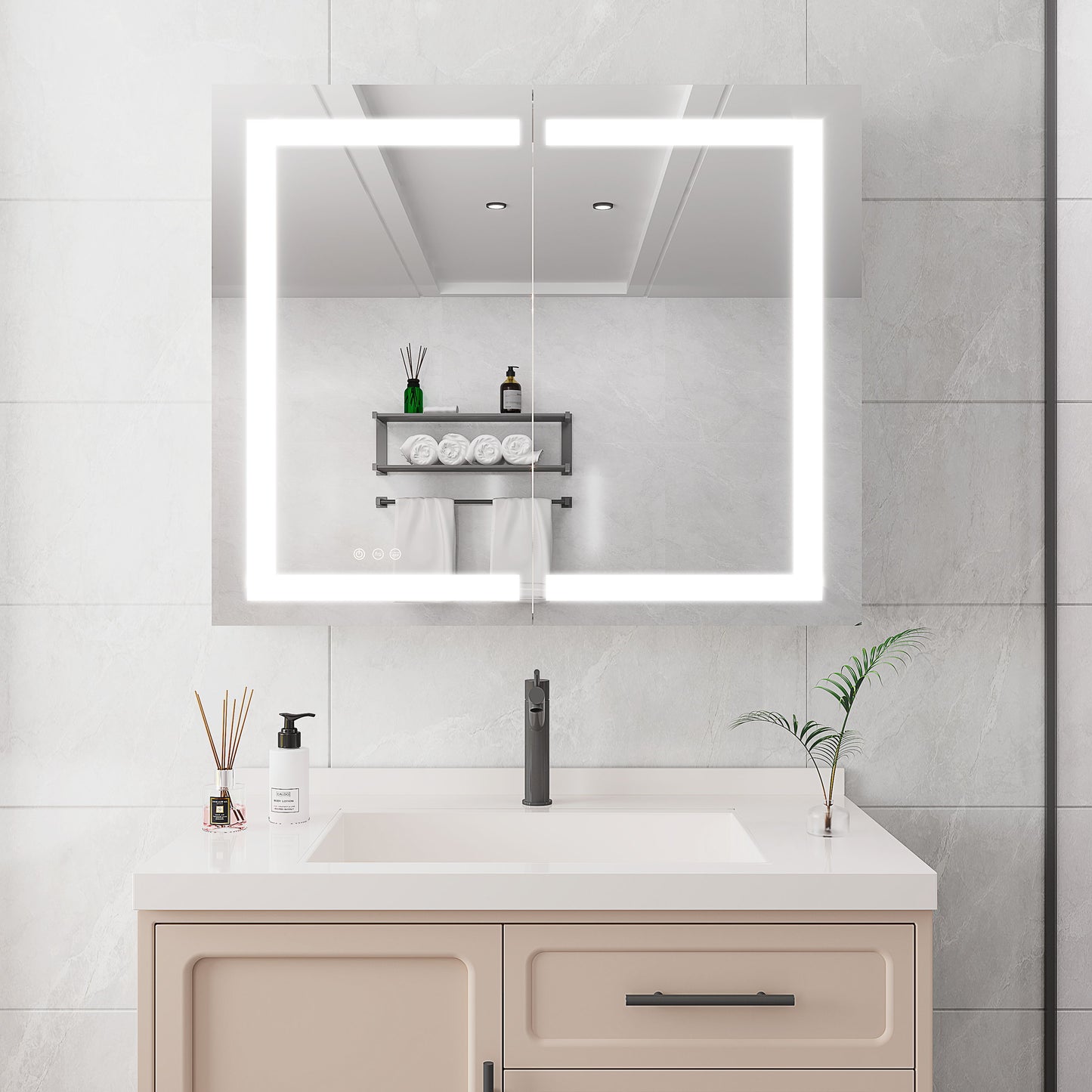 Medicine Cabinet With LED Vanity Mirror, Anti-Fog, Recessed Or Surface Mount, Waterproof, Dimmable, Aluminum 3000K~6000K Lighted Double Door Bathroom Cabinet With Touch Switch