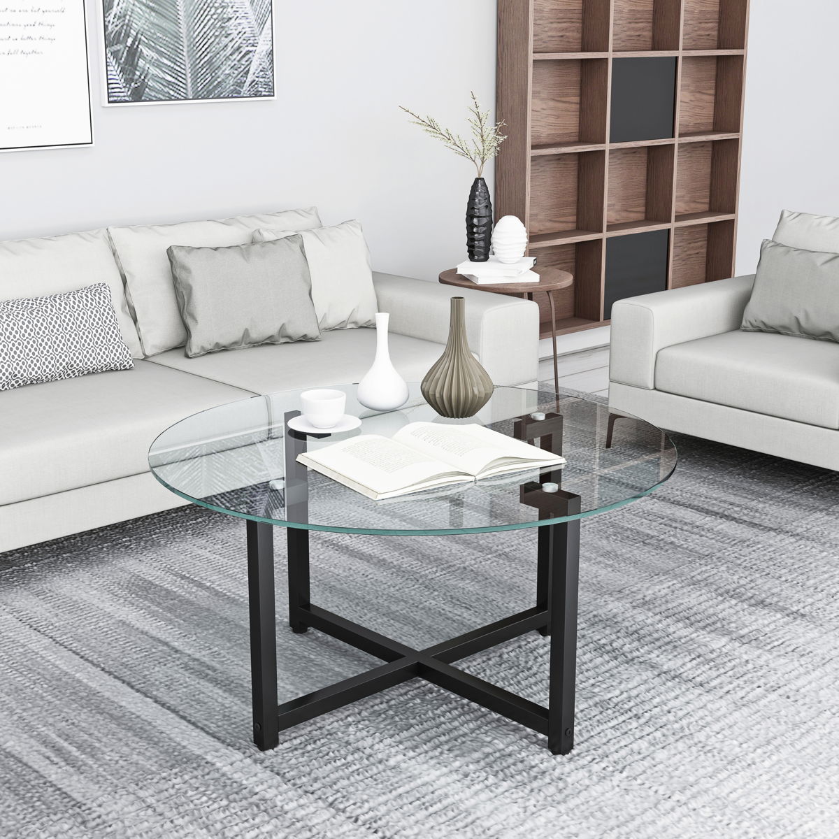 Jws-W241 Round Glass Coffee Table, Clear Coffee Table, Modern Side Center Tables For Living Room