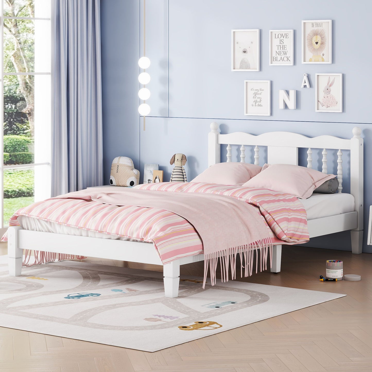 Bed With Column Decoration Headboard, With Bed Slats