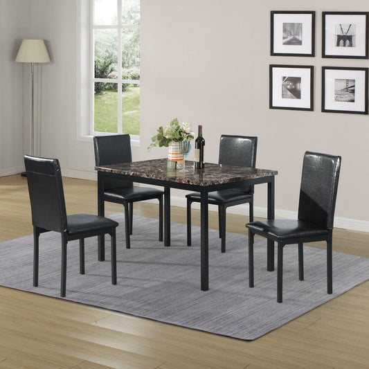 5 Piece Dinning Set With Faux Marble Top, Table & 4 Chairs - Black