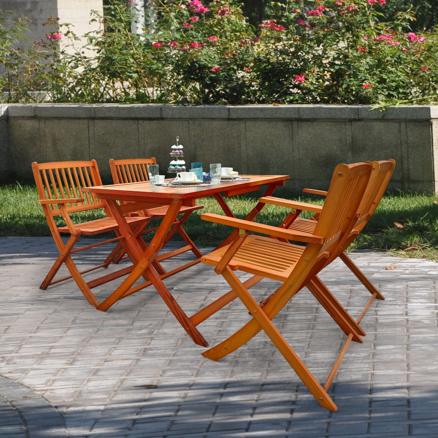 5 Piece Patio Dining Set, 4 Folding Chairs & 1 Dining Table, Indoor And Outdoor Universal - Teak