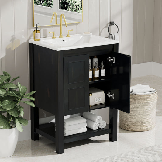 Compact Vintage Style Bathroom Vanity Cabinet And Ceramic Sink Combo With Open Shelf 2 Soft Close Doors - Espresso