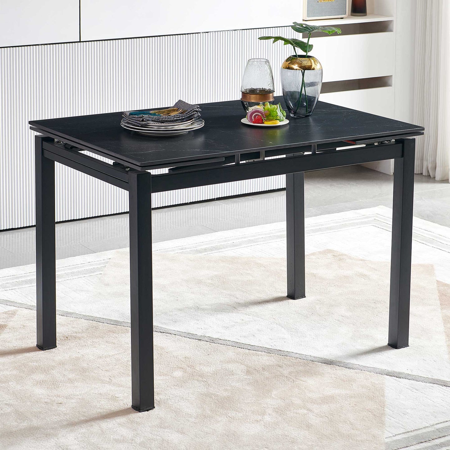 Ceramic Modern Rectangular Expandable Dining Room Table For Space-Saving Kitchen Small Space Table