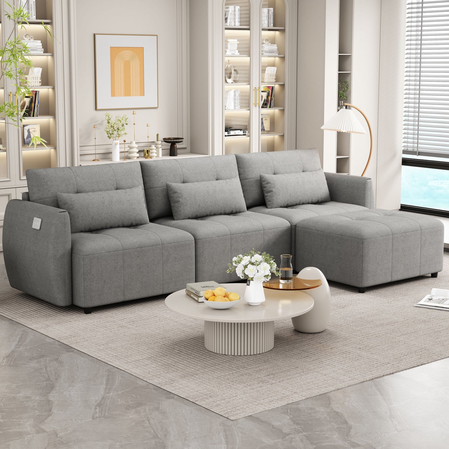 Convertible Sectional Sofa Couch 3 Seat L-Shaped Sofa With Movable Ottoman And USB For Apartment, Living Room, Bedroom