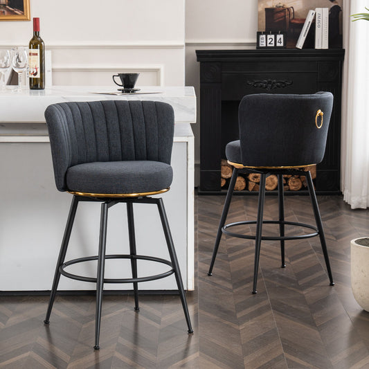 Swivel Bar Stools (Set of 2), High-Back, Adjustable, Upholstered With Elegant Metal Back Accents For Kitchen, Bar, Or Dining Room - Dark Gray