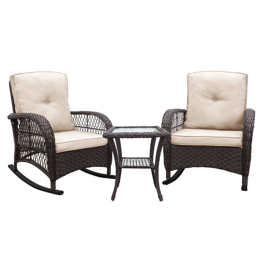 3 Pieces Conversation Set, Outdoor Wicker Rocker Patio Bistro Set, Rocking Chair With Glass Top Side Table - Brown / Beige