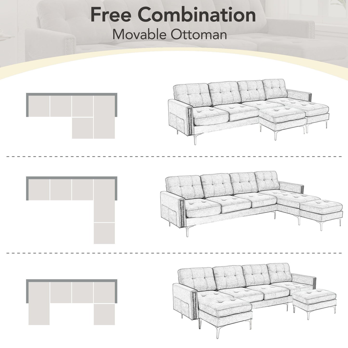 L-Shape Convertible Sectional Sofa Couch With Movable Ottoman For Living Room