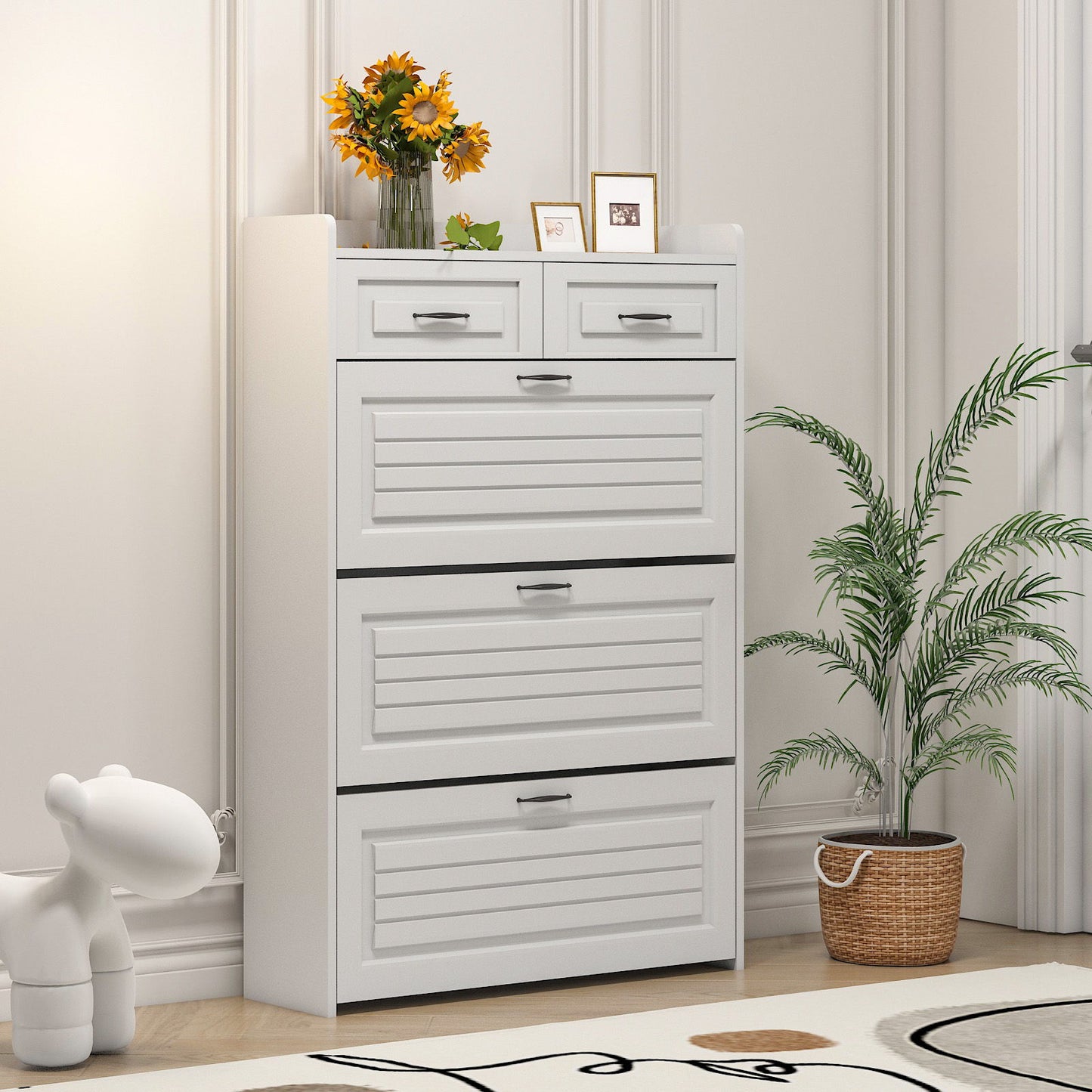 Shoe Cabinet With 3 Doors 2 Drawers, PVC Door With Shape, Large Space For Storage - White