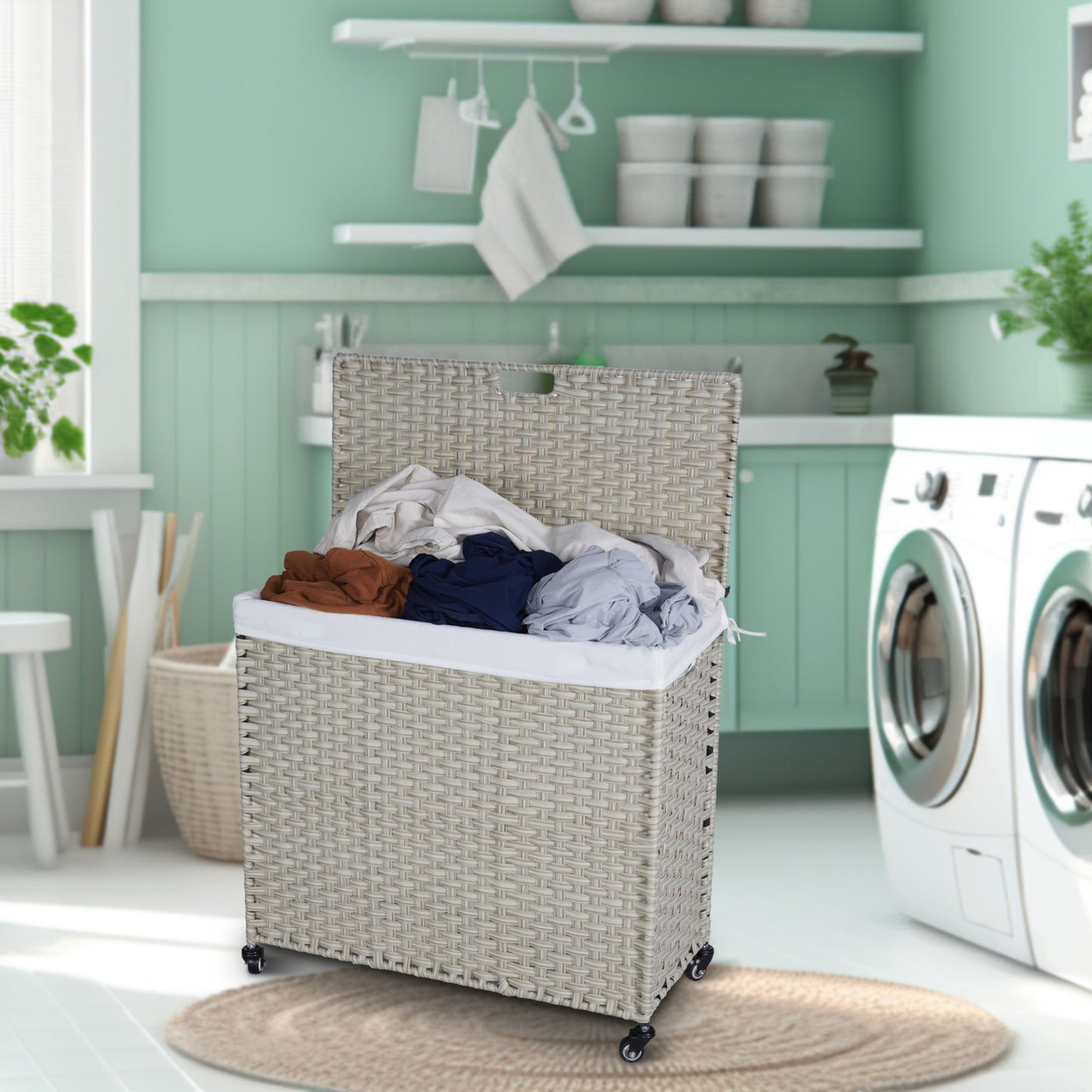 Laundry Hamper With Lid PE Rattan Powder Coating Frame Clothes Hampers With 2 Removable Bags