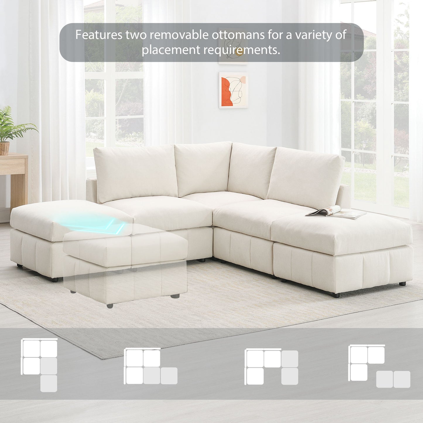 Modern Sectional Sofa With Vertical Stripes, 5 Seat Armless Couch Set With Convertible Ottomans, Various Combinations, L-Shape Indoor Furniture For Living Room