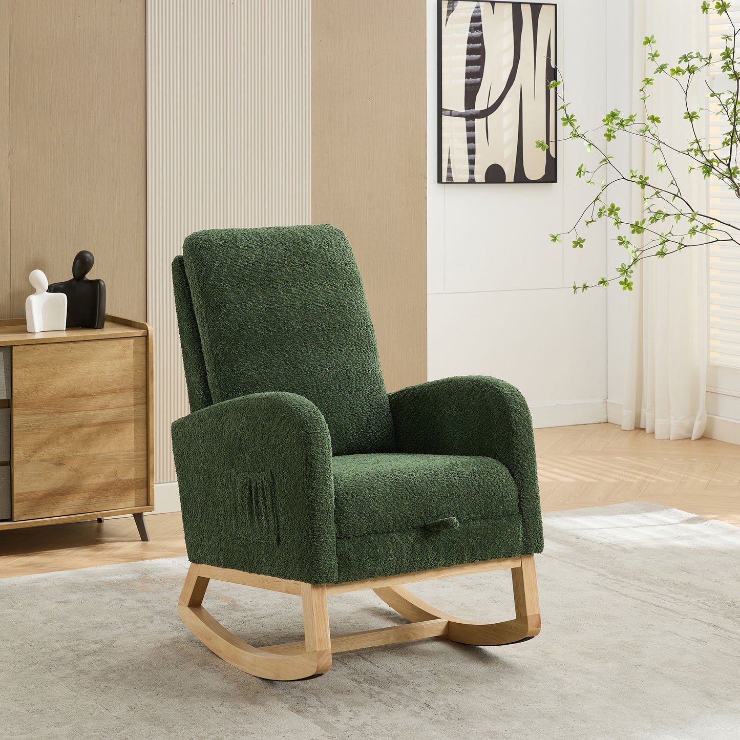 Rocking Chair For Nursery, High Back Glider Chair With Retractable Footrest, Side Pocket, Rocking Accent Armchair With Rubber Wood Legs For Living Room / Bedroom