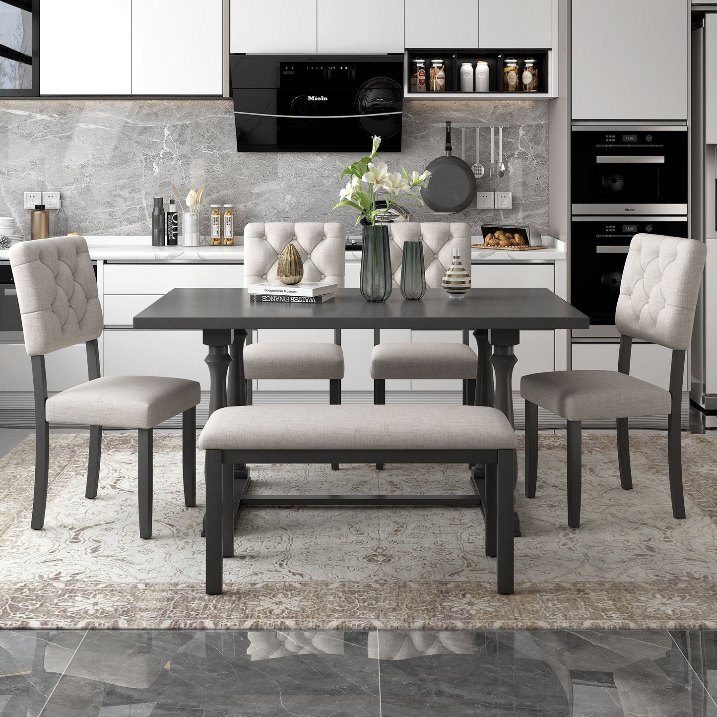 6 Piece Dining Table And Chair Set With Special-Shaped Legs And Foam-Covered Seat Backs&Cushions For Dining Room