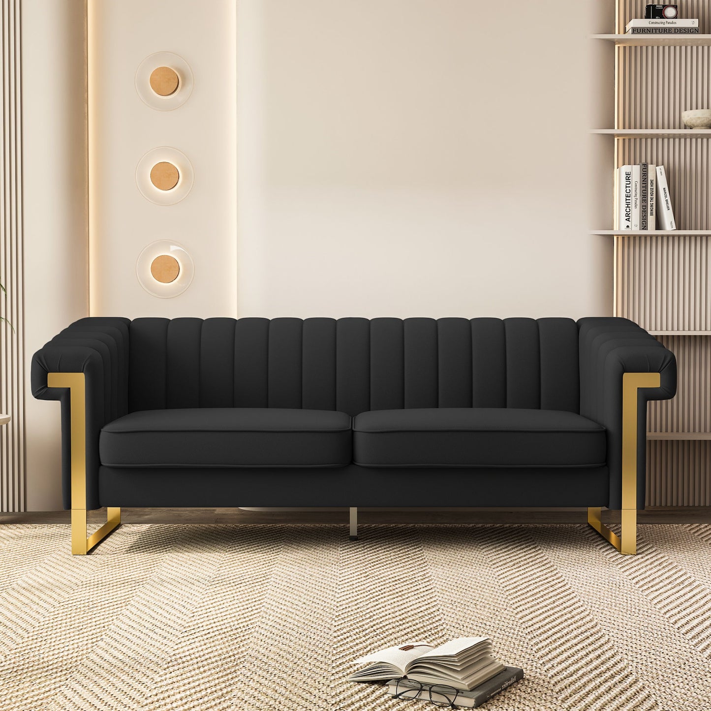 Sofa Modern Sofa With Gold Accents, Sleek Channel-Tufted Upholstery, 3 Seat Couch For Living Room And Office Decor