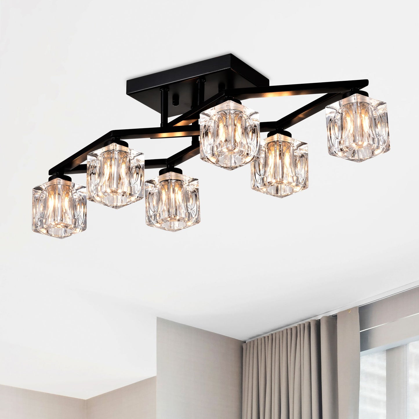 6 Light Crystal Ceiling Light For Dining Room, Modern Ceiling Lamp With Light Fixture For Farmhouse Entryway Living Room (6*G9 Bulbs Included) - Matte Black