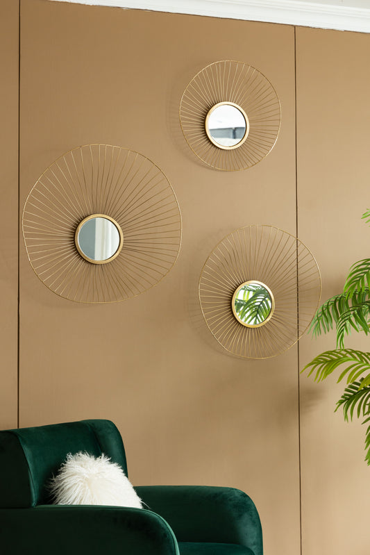 Wall Mirror Abstract Designed Wall Mirrors With Frame For Home & Office, Top Of Sideboard (Set of 3) - Gold