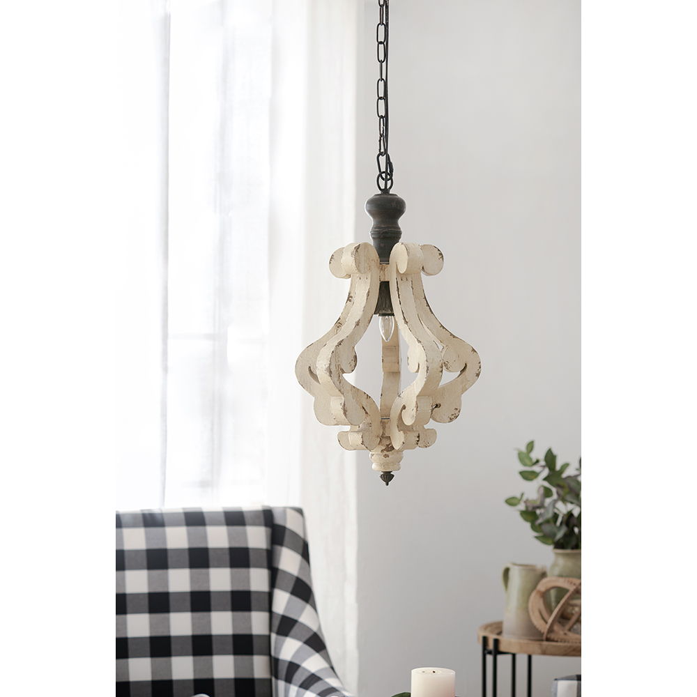 Farmhouse Chandeliar, Distressed Pendant French Country Wood Chandelier For Living Room Foyer, Bulb Not Included - Antique Cream