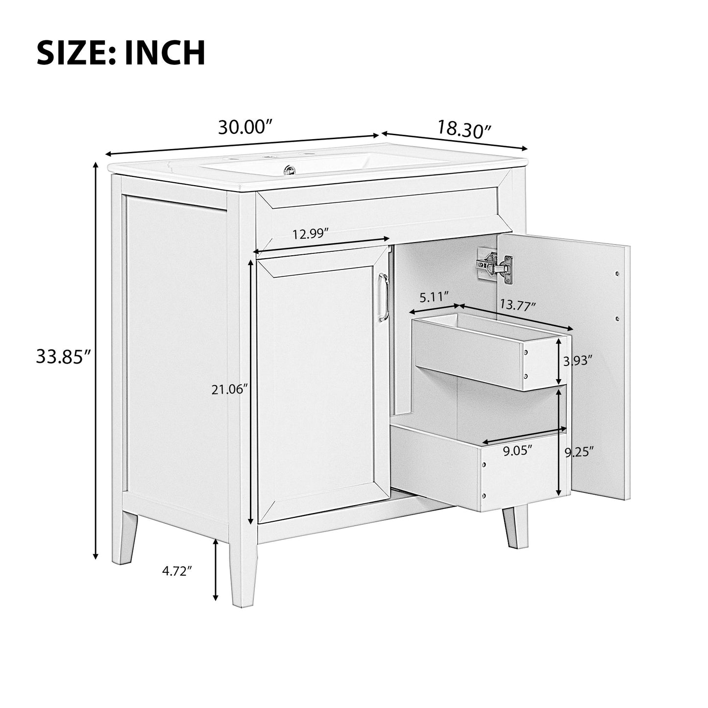 Bathroom Vanity With Sink, Combo, Cabinet With Doors And Drawer, Solid Frame And MDF Board