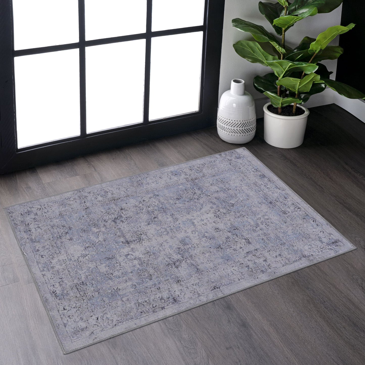 2' x 3' Machine Washable Area Rugs, Low-Pile, Non-Slip, Non-Shedding, Foldable, Kid & Pet Friendly Area Rugs For Living Room, Bedroom, Kitchen, Dining Room Rug, Perfect Gifts - Blue / Cream