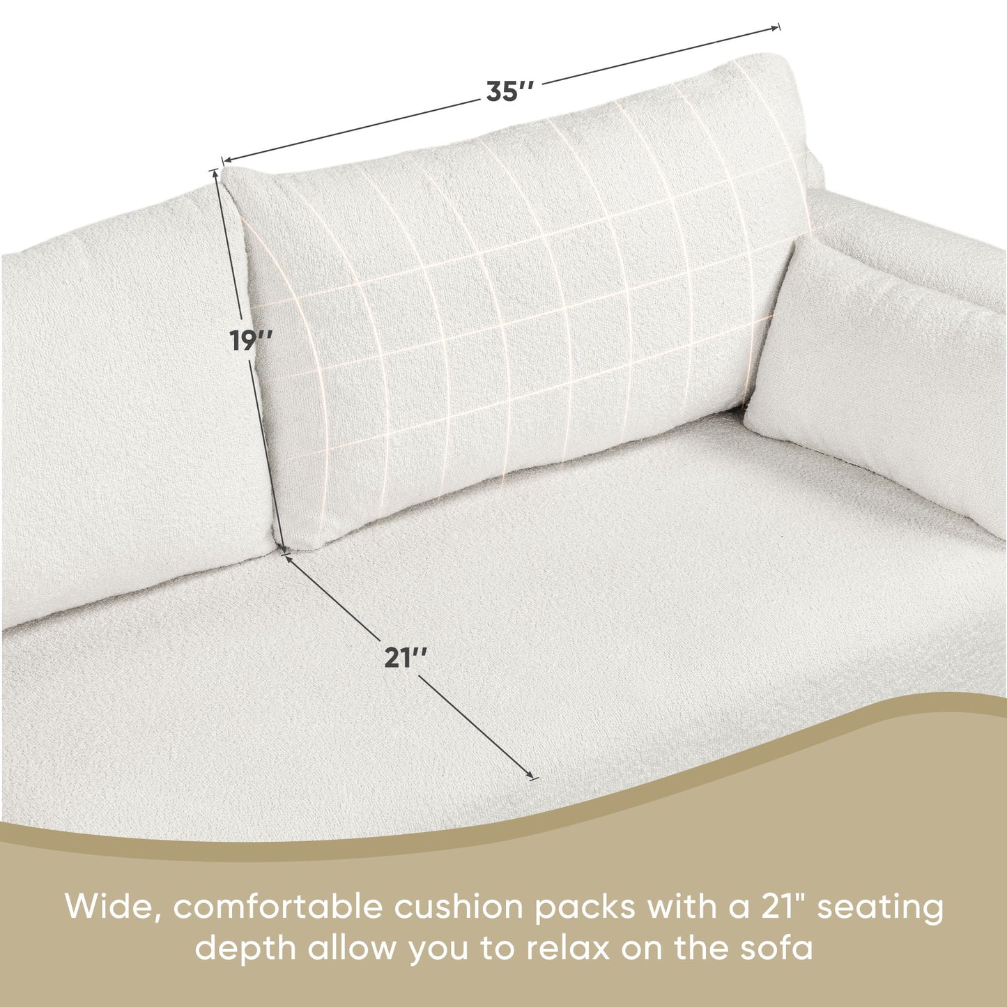 Modern Loop Yarn Sofa, One Piece Seat Frame, Minimalist 2-3 Seat Couch Easy To Install, Loveseats With Extra Wide Domed Arms For Living Room (2 Pillows) - White