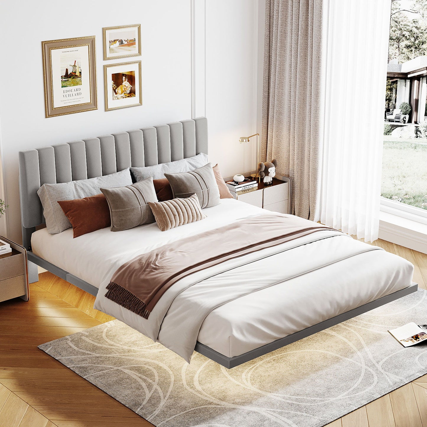 Upholstered Bed With Sensor Light And Headboard, Floating Velvet Platform Bed