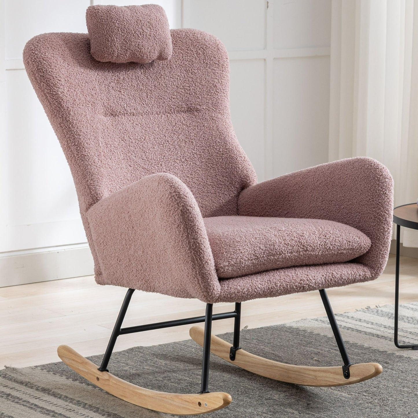 Rocking Chair With Pocket, Soft Teddy Fabric Rocking Chair For Nursery, Comfy Wingback Glider Rocker With Safe Solid Wood Base