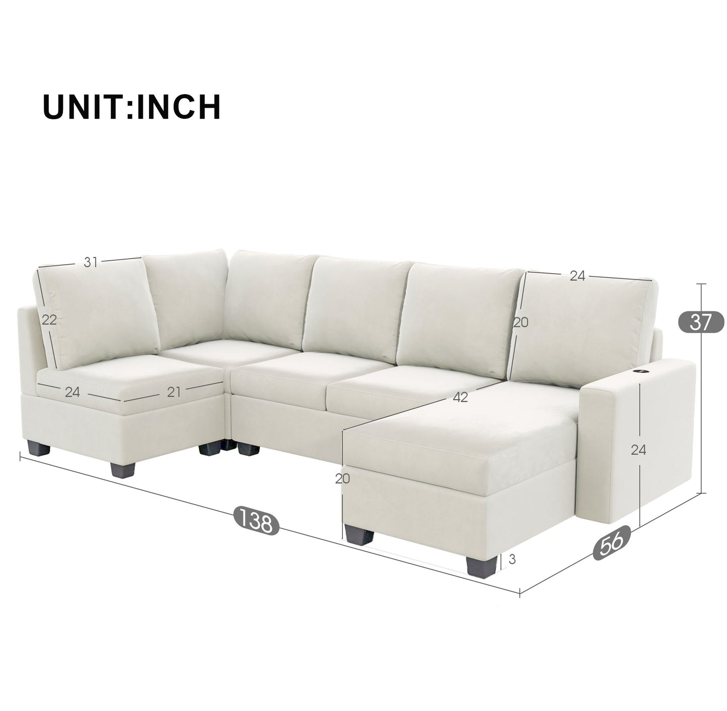 Modern L Shape Sectional Sofa, 6 Seat Velvet Couch With Convertible Chaise Lounge, Freely Combinable Indoor Furniture For Living Room