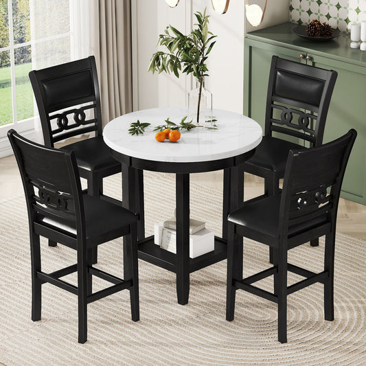 5 Piece Counter Height Dining Round Table Set With One Faux Marble Top Dining Table And Four Pu-Leather Chairs - Dark Espresso