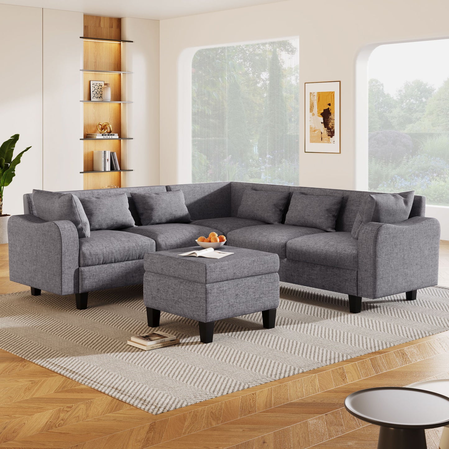 Modern Sectional Sofa With Coffee Table, 6 Seat Couch Set With Storage Ottoman, Various Combinations, L-Shape Indoor Furniture With Unique Armrests For Living Room (6 Pillows)