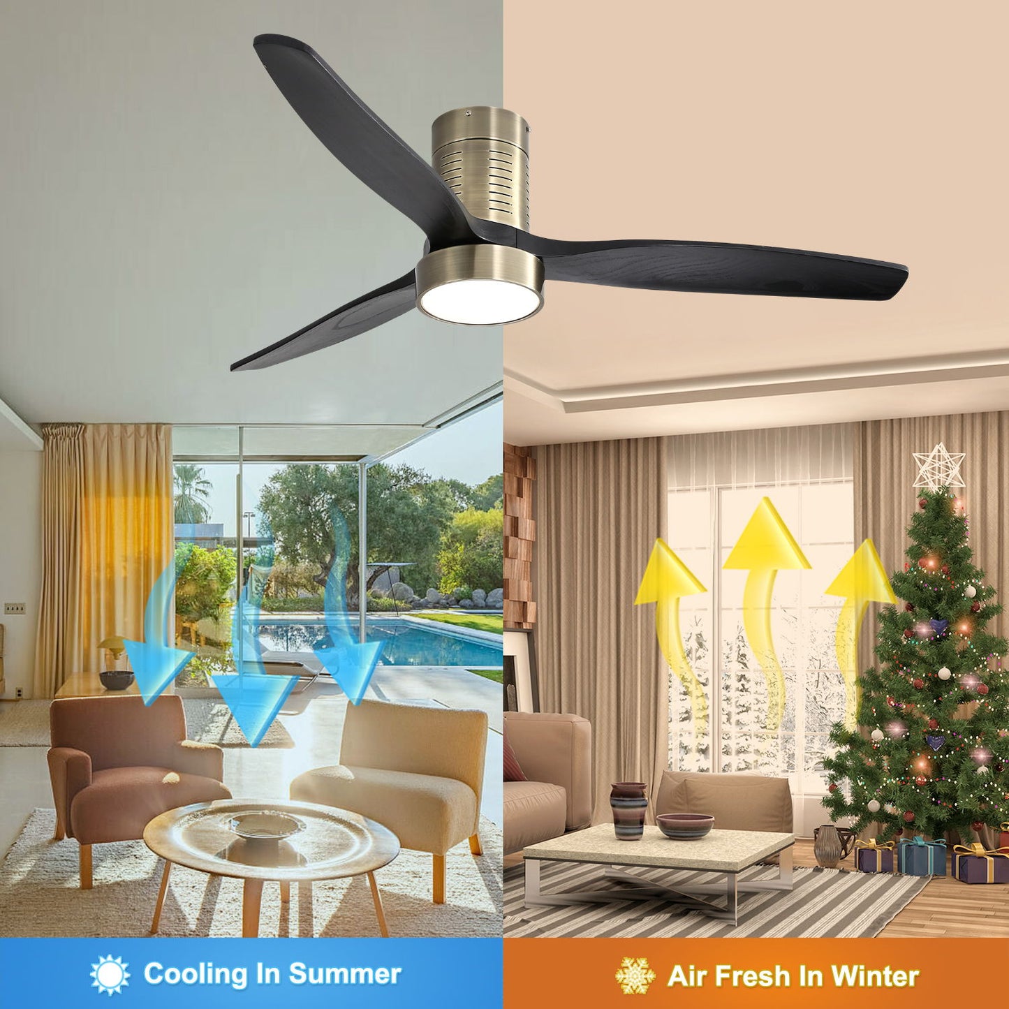 Indoor Flush Mount Ceiling Fan With 3 Solid Wood Blades Remote Control Reversible Dc Motor With LED Light - Bronze