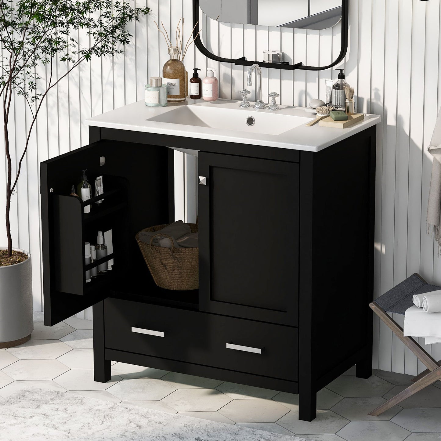 Bathroom Vanity With Single Sink, Combo Cabinet Undermount Sink, Bathroom Storage Cabinet With Two Doors And A Drawer, Soft Closing, Multifunctional Storage, Solid Wood Frame