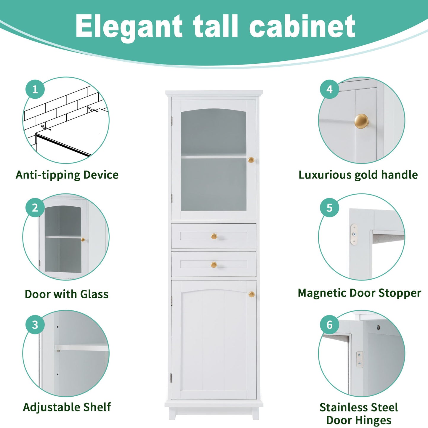 Tall Bathroom Storage Cabinet With Glass Doors, Free-Standing, Two Drawers, And Adjustable Shelves, MDF Board, Painted Perfect For Displaying Your Favorite Items