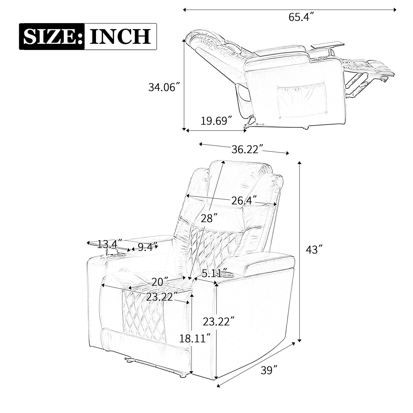 Power Motion Recliner With USB Charging Port And Hidden Arm Storage, Home Theater Seating With 2 Convenient Cup Holders Design And 360 Degree Swivel Tray Table