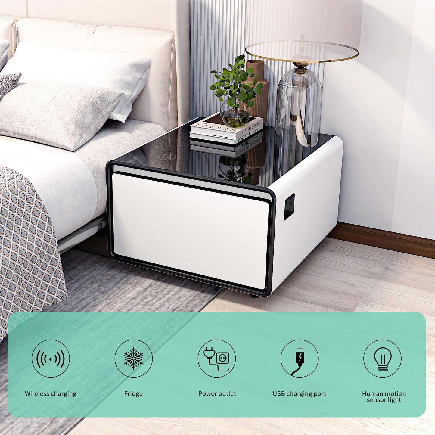 Modern Smart Side Table With Built-In Fridge, Wireless Charging, Temperature Control, Power Socket, USB Ports, Outlet Protection, Induction Light