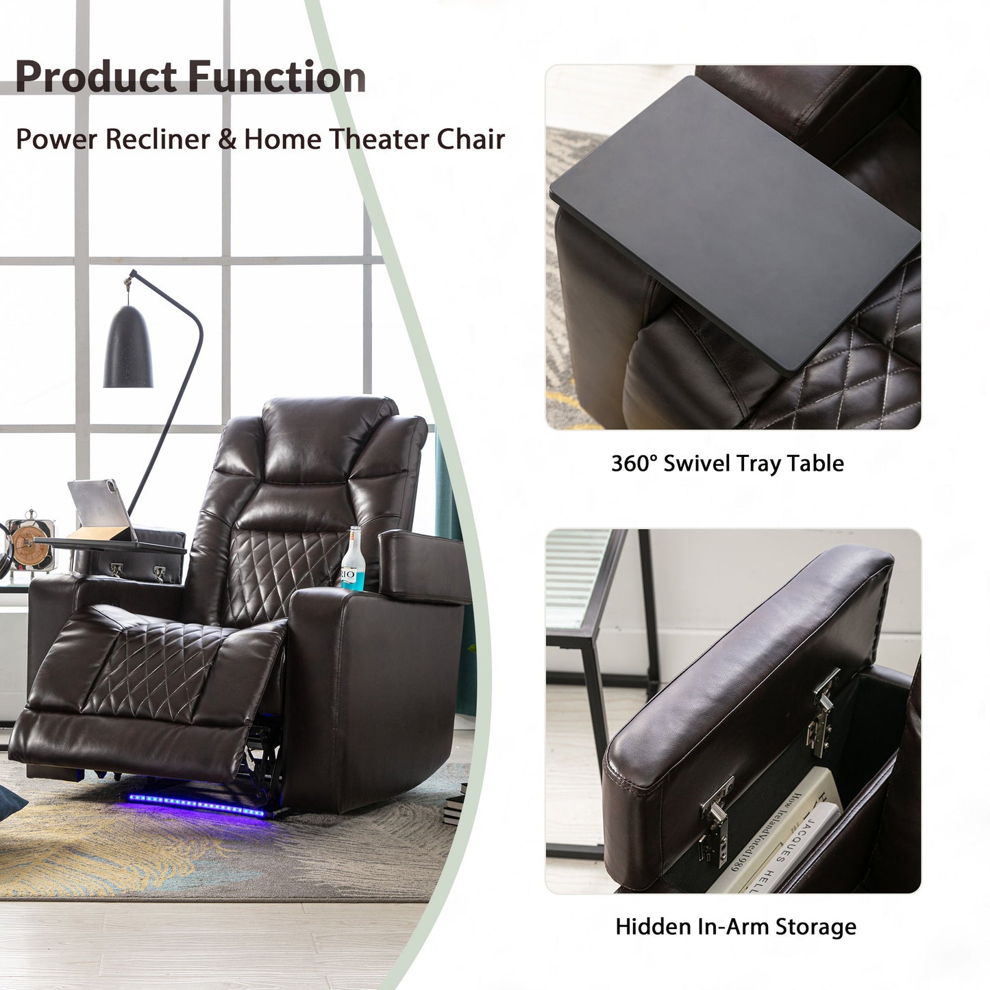 Power Motion Recliner With USB Charging Port And Hidden Arm Storage, Home Theater Seating With 2 Convenient Cup Holders Design And 360 Degree Swivel Tray Table