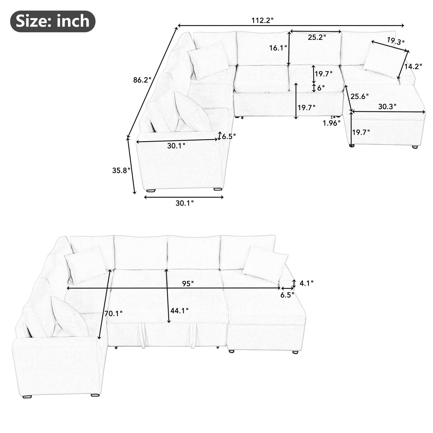 Sectional Sofa Pull-Out Sofa Bed Sleeper With A Storage Ottoman, Three Pillows And Charging Devices For Living Room