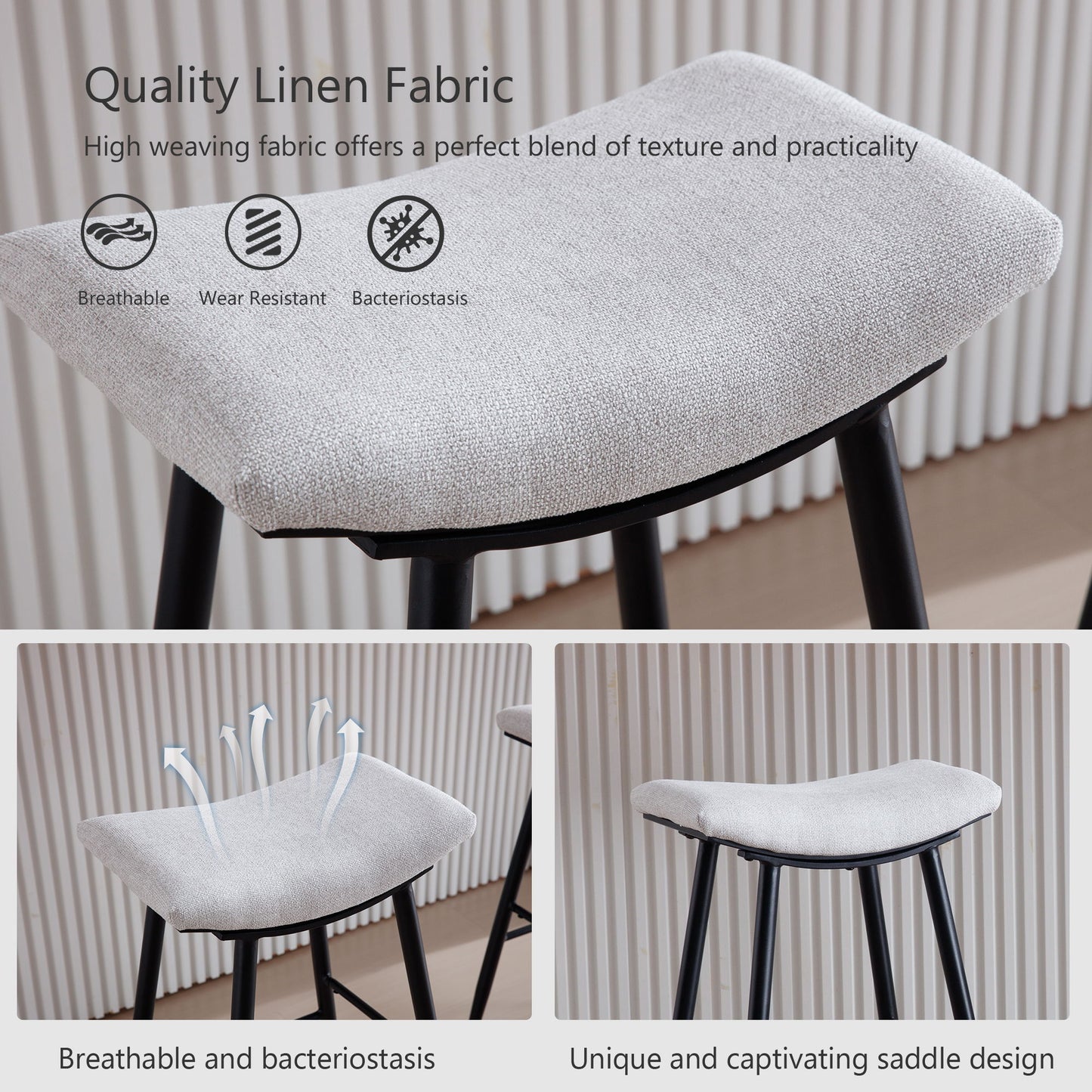 Counter Height Bar Stool (Set of 2) For Dining Room Kitchen Counter Island, Linen Fabric Upholstered Breakfast Stools With Footrest