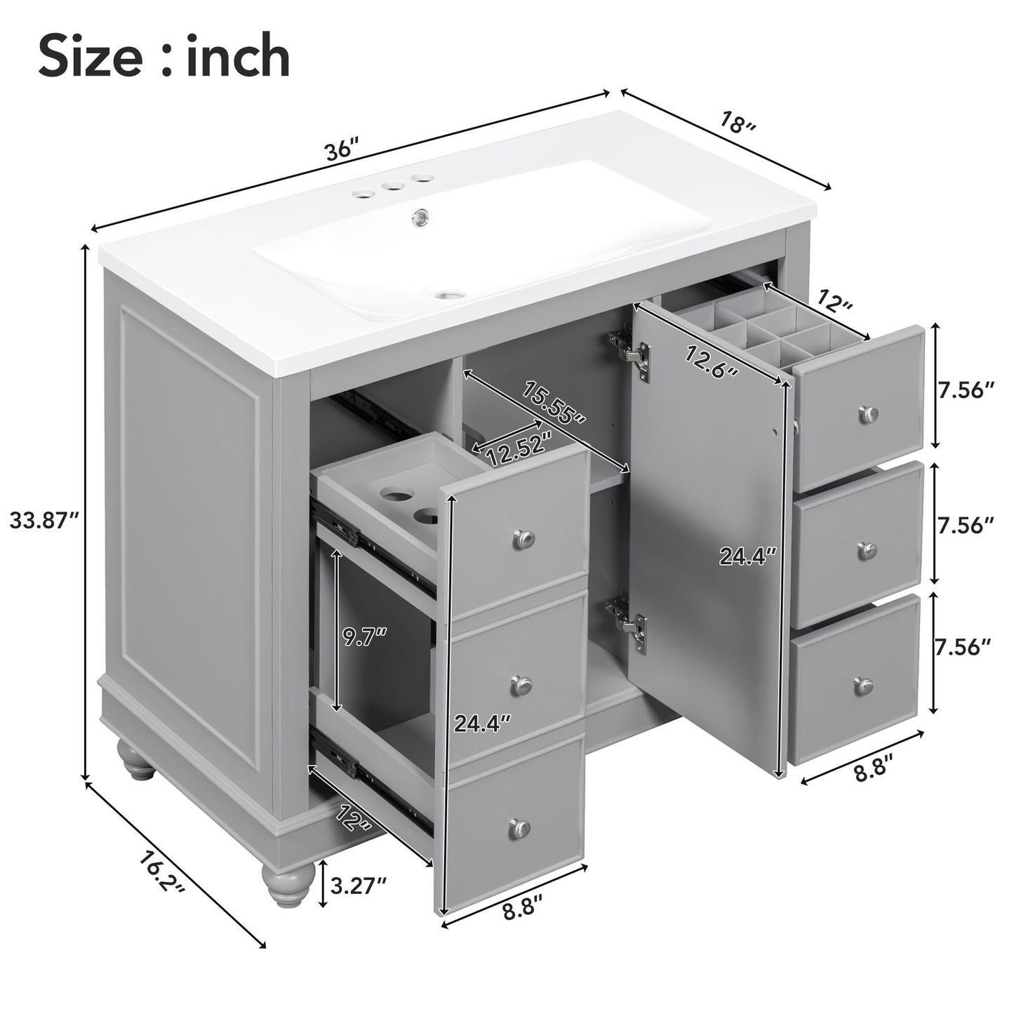 Contemporary Bathroom Vanity Cabinet, 4 Drawers & 1 Cabinet Door, Multipurpose Storage, Resin Integrated Sink, Adjustable Shelves, Solid Wood Frame With MDF