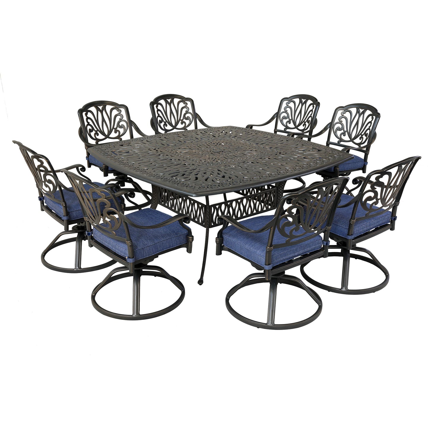 Square 8 Person 64" Long Aluminum Dining Set With Cushions