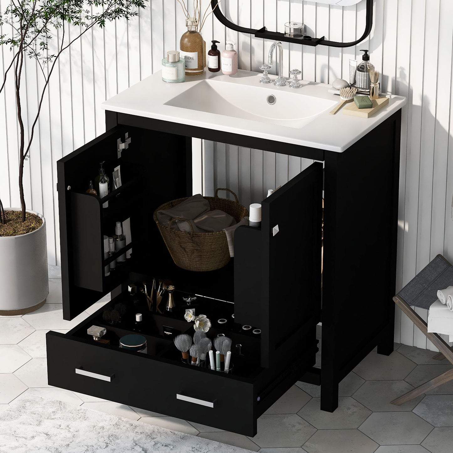 Bathroom Vanity With Single Sink, Combo Cabinet Undermount Sink, Bathroom Storage Cabinet With Two Doors And A Drawer, Soft Closing, Multifunctional Storage, Solid Wood Frame