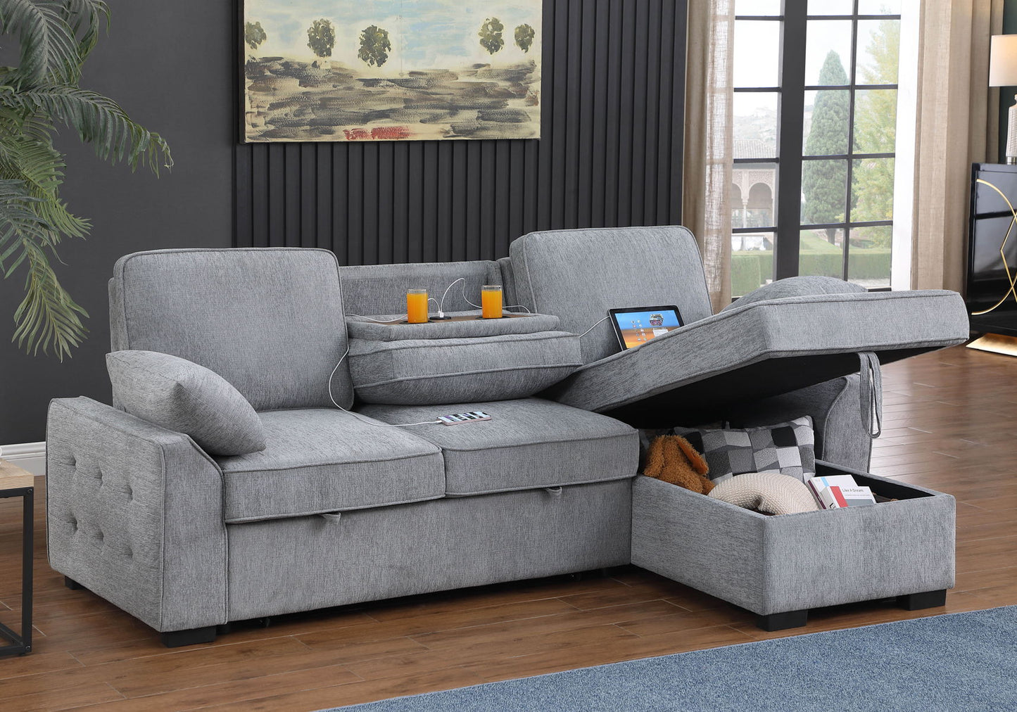 Mackenzie - Chenille Fabric Sleeper Sectional With Right-Facing Storage Chaise