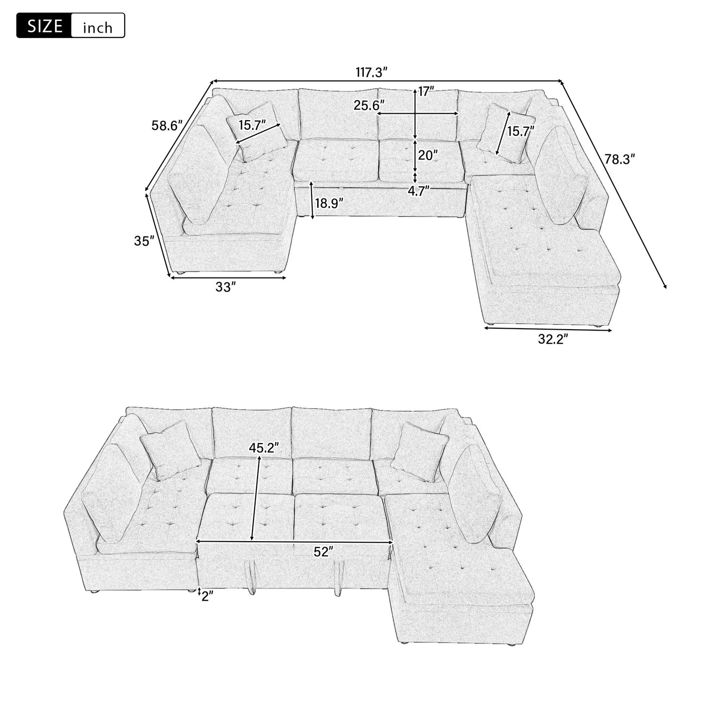 Oversized Sectional Sofa U-Shaped Sofa Couch Pull-Out Sofa Bed With Two Throw Pillows For Living Room